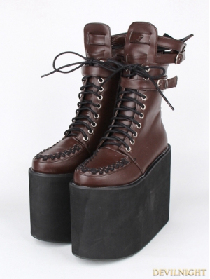 Brown Gothic PU Leather Lace Up Buckle Belt Platform Mid-Calf Boots