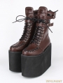 Brown Gothic PU Leather Lace Up Buckle Belt Platform Mid-Calf Boots