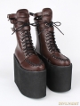 Brown Gothic PU Leather Lace Up Buckle Belt Platform Mid-Calf Boots