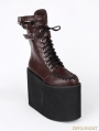 Brown Gothic PU Leather Lace Up Buckle Belt Platform Mid-Calf Boots