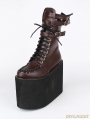 Brown Gothic PU Leather Lace Up Buckle Belt Platform Mid-Calf Boots