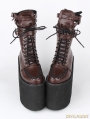 Brown Gothic PU Leather Lace Up Buckle Belt Platform Mid-Calf Boots