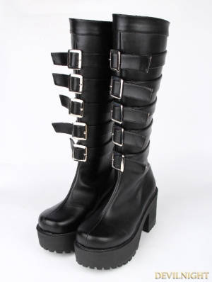 Black Gothic Punk PU Buckle Belt Platform Chunky Heel Knee Boots