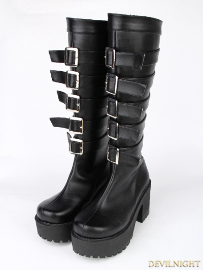 Black Gothic Punk PU Buckle Belt Platform Chunky Heel Knee Boots