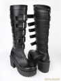 Black Gothic Punk PU Buckle Belt Platform Chunky Heel Knee Boots