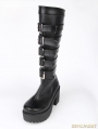 Black Gothic Punk PU Buckle Belt Platform Chunky Heel Knee Boots
