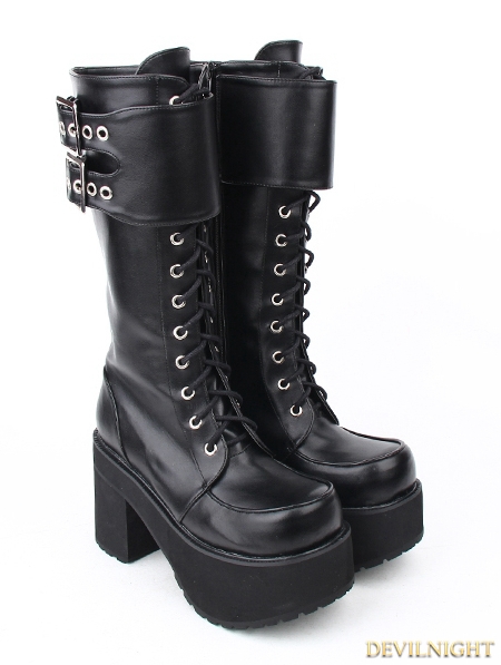 Black Gothic Punk PU Leather Lace Up Buckle Belt Platform Chunky Heel ...