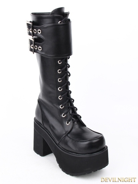 Black Gothic Punk PU Leather Lace Up Buckle Belt Platform Chunky Heel ...