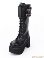 Black Gothic Punk PU Leather Lace Up Buckle Belt Platform Chunky Heel Boots