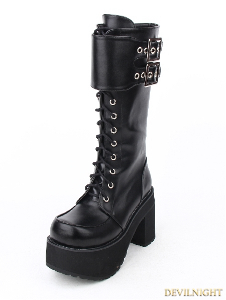 Black Gothic Punk PU Leather Lace Up Buckle Belt Platform Chunky Heel ...