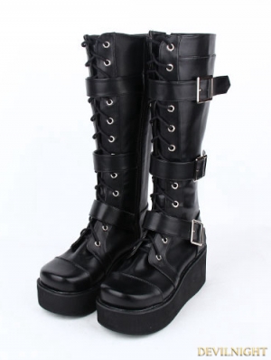 Black Gothic Punk PU Leather Lace Up Buckle Belt Platform Knee Boots