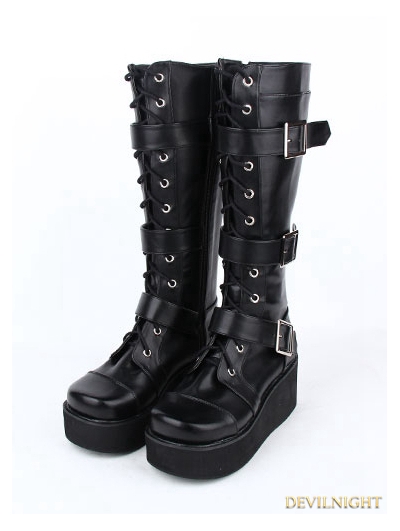 Black Gothic Punk PU Leather Lace Up Buckle Belt Platform Knee Boots