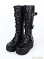 Black Gothic Punk PU Leather Lace Up Buckle Belt Platform Knee Boots