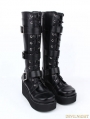 Black Gothic Punk PU Leather Lace Up Buckle Belt Platform Knee Boots