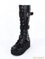 Black Gothic Punk PU Leather Lace Up Buckle Belt Platform Knee Boots