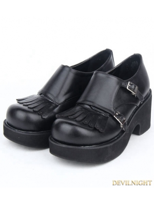 Black Gothic PU Leather Buckle Belt Fringe Shoes