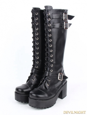 Black Gothic Punk PU Leather Lace Up Buckle Belt Chunky Heel Knee Boots