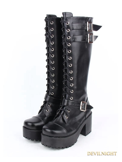 Black Gothic Punk PU Leather Lace Up Buckle Belt Chunky Heel Knee Boots