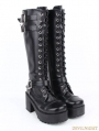 Black Gothic Punk PU Leather Lace Up Buckle Belt Chunky Heel Knee Boots