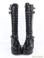Black Gothic Punk PU Leather Lace Up Buckle Belt Chunky Heel Knee Boots