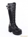 Black Gothic Punk PU Leather Lace Up Buckle Belt Chunky Heel Knee Boots