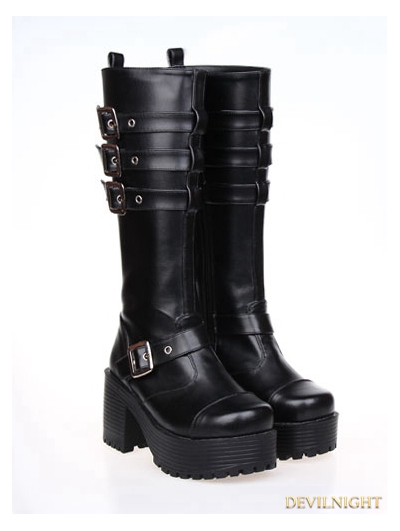 Black Gothic Punk PU Leather Buckle Belt Platform Chunky Heel Boots - Devilnight.co.uk