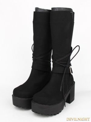 Black Gothic PU Lace Up Belt Platform Knee Boots