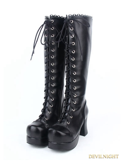 Black Gothic PU Leather Lace Up Chunky High Heel Knee Boots