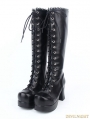 Black Gothic PU Leather Lace Up Chunky High Heel Knee Boots