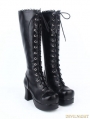 Black Gothic PU Leather Lace Up Chunky High Heel Knee Boots