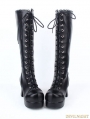 Black Gothic PU Leather Lace Up Chunky High Heel Knee Boots