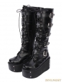 Black Gothic Punk PU Leather Lace Up Cross Belt Platform Knee Boots