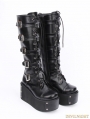Black Gothic Punk PU Leather Lace Up Cross Belt Platform Knee Boots