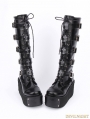 Black Gothic Punk PU Leather Lace Up Cross Belt Platform Knee Boots