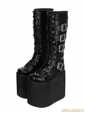 Black Gothic Punk PU Leather Lace Up Belt Platform Knee Boots