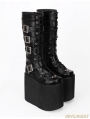 Black Gothic Punk PU Leather Lace Up Belt Platform Knee Boots