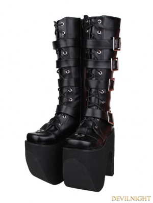 Black Gothic Punk PU Leather Lace Up Belt High Heel Knee Boots