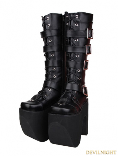Black Gothic Punk PU Leather Lace Up Belt High Heel Knee Boots ...