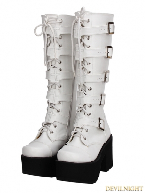 White Gothic Punk PU Leather Lace Up Belt High Heel Knee Boots