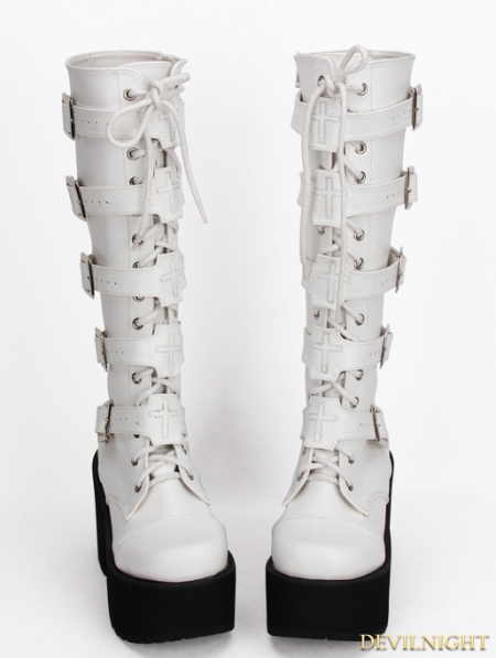 White Gothic Punk PU Leather Lace Up Belt High Heel Knee Boots ...