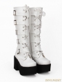 White Gothic Punk PU Leather Lace Up Belt High Heel Knee Boots