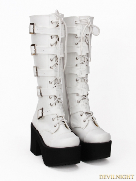 White Gothic Punk PU Leather Lace Up Belt High Heel Knee Boots ...