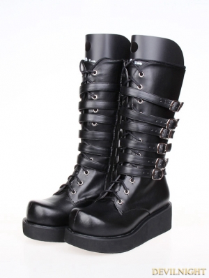 Black Gothic PU Leather Lace Up Belt Platform Boots