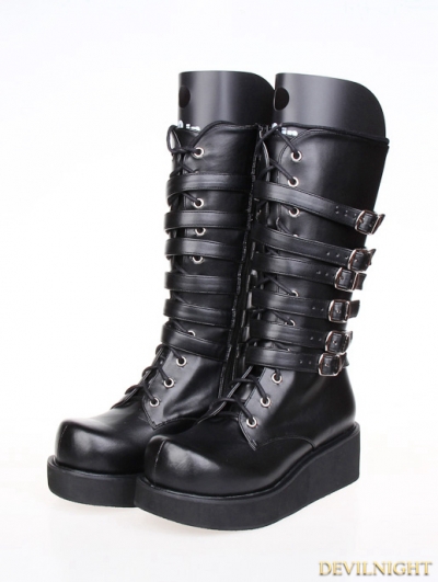 Black Gothic PU Leather Lace Up Belt Platform Boots