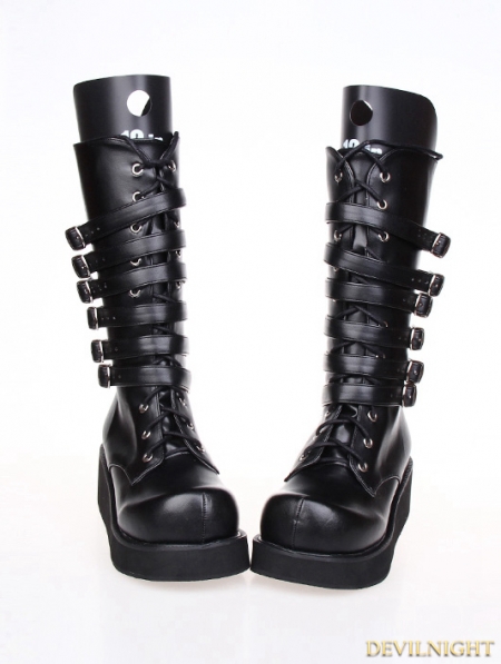 Black Gothic PU Leather Lace Up Belt Platform Boots - Devilnight.co.uk