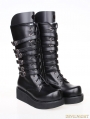 Black Gothic PU Leather Lace Up Belt Platform Boots