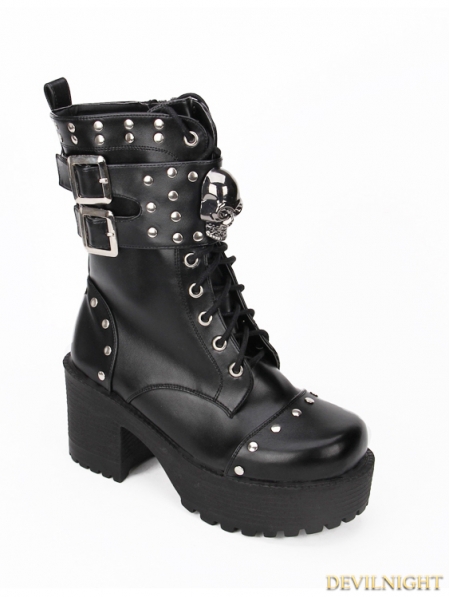 Black Gothic Punk Rock PU Leather Skull Boots - Devilnight.co.uk