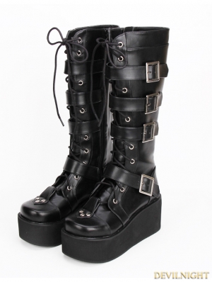 Black Gothic Punk PU Lace Up Belt Platform Knee Boots