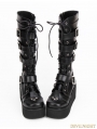 Black Gothic Punk PU Lace Up Belt Platform Knee Boots