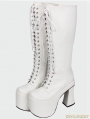 White Gothic PU Leather Lace Up High Heel Knee Boots